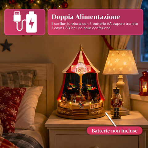saint joy carillon natalizio animato circojoy con luci led e musica tendone circo 34 x h44 cm in plastica scena rotante alimentazione usb o a batterie ean 8050043127730