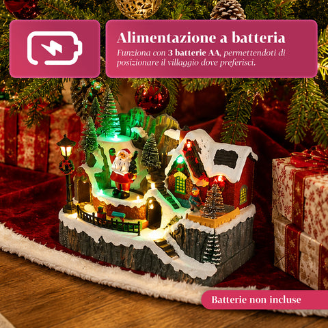 saint joy litville villaggio di natale illuminato led con trenino in movimento e babbo natale rotante 8 melodie natalizie 23x15x18 cm a batteria ean 8050043127709