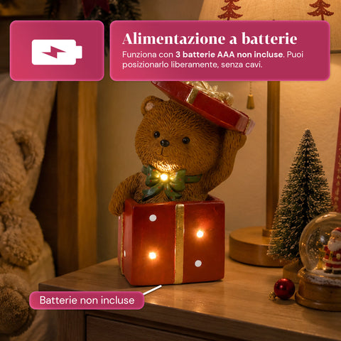 saint joy orsetto natalizio in poliresina con pacco regalo 2 varianti luci led puntuali alimentazione a batterie finiture curate base stabile ean 8050043127846