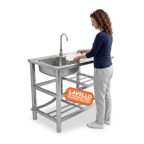 avilia home lavello multifunzione in acciaio inox con fontana lavandino con vasca gocciolatoio e doppia mensola reversibile dxsx 75x40x80 cm ean 8056244083189
