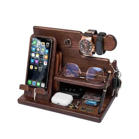 Organizador de secretária em madeira com suporte para smartphone e suporte para relógios – Inclui compartimento para o cabo de carregamento – 25,5x15x18,5 cm