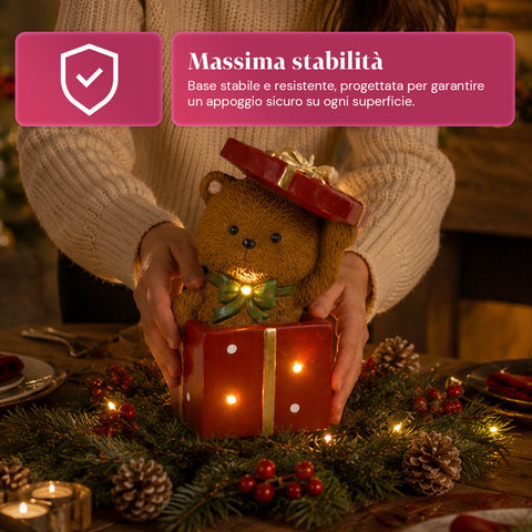 saint joy orsetto natalizio in poliresina con pacco regalo 2 varianti luci led puntuali alimentazione a batterie finiture curate base stabile ean 8050043127846
