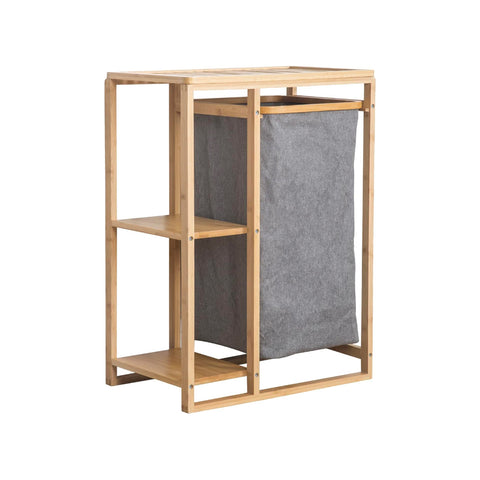 Estante para roupa em bambu com 2 prateleiras e cesto, multifunções e que poupa espaço