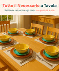 Set piatti stoneware 18 pezzi apparecchiato per 6 persone in sala da pranzo, tavola elegante con piatti colorati e posate