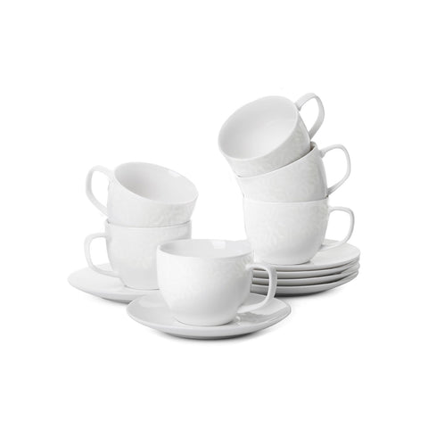 Conjunto de 6 chávenas de café em porcelana de 80cc com pires - decoração floral em relevo