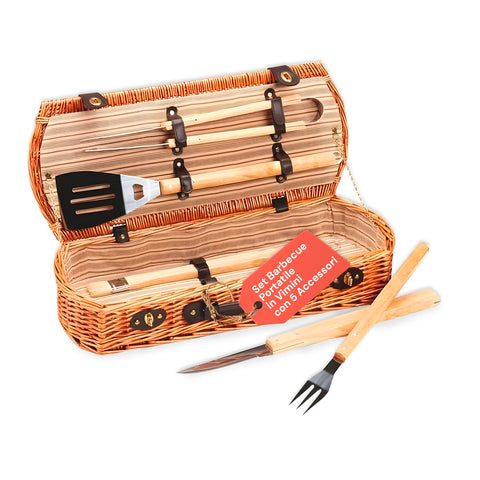 Cesto com conjunto de barbecue portátil e 5 acessórios em mala de vime