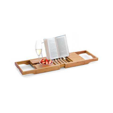 Tabuleiro de banheira em bambu extensível com design natural