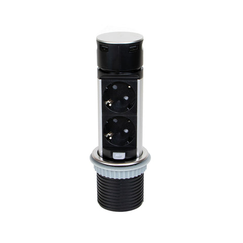 Bloco de tomadas múltiplas vertical retrátil com 2 tomadas Schuko UE e 2 portas USB ø 6cm