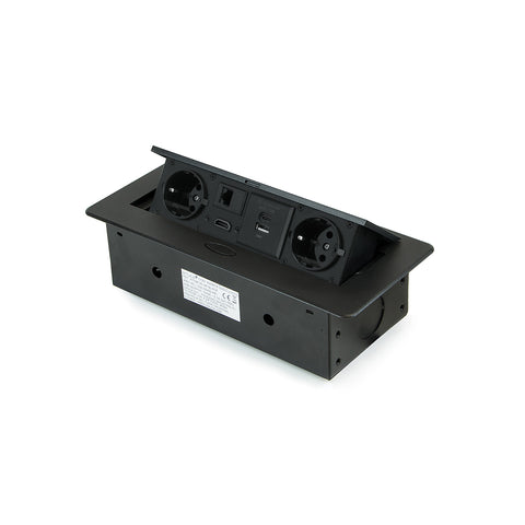 Bloco de tomadas embutido para secretária, EU, com 2 tomadas Schuko, USB A+C, RJ45, HDMI, preto