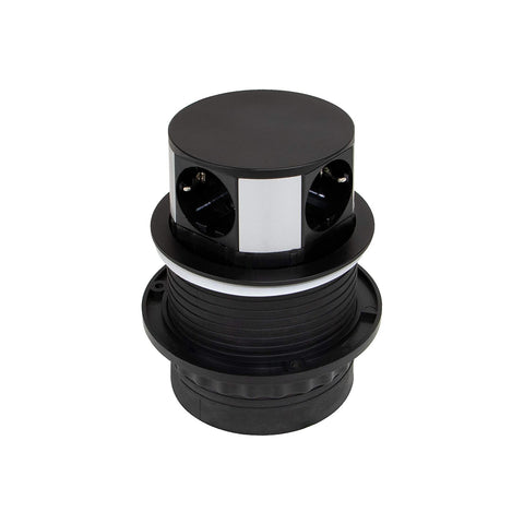 Tomada múltipla vertical retrátil com 3 tomadas Schuko UE e 2 portas USB ø 10cm