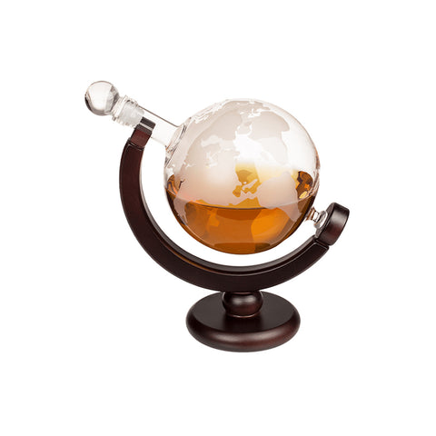 Decantador de licor em forma de globo com 2 copos de vidro, num suporte de madeira, 850ml
