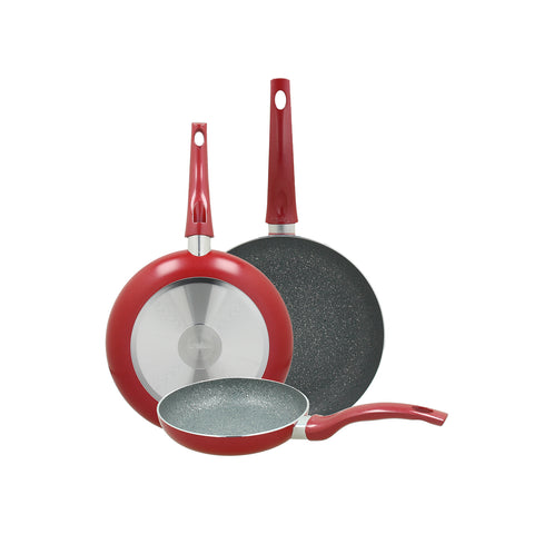 Conjunto de 3 frigideiras em alumínio vermelho 20 24 28cm